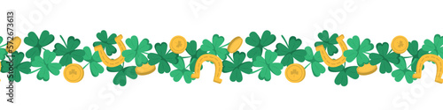St. Patrick's Day horizontal seamless background with shamrock leaves, horseshoes and a lot of gold coins. Isolated on white background.