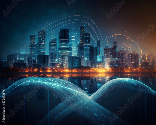 Smart city and big data connection technology concept with digital blue wavy wires with antennas on night megapolis city skyline background, double exposure, Cinematic, ultra realistic, futuristic