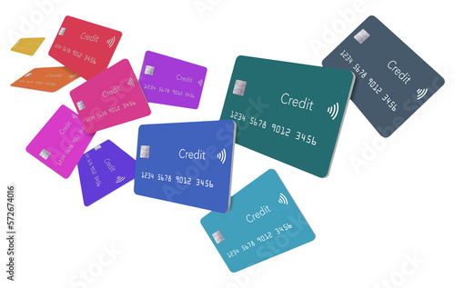 Eleven generic credit cards float and fly over a white background in this isolated on a transparent illustration.