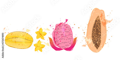 Papaya, dragon fruit and starfruit vector. Exotic fruits watercolor splash