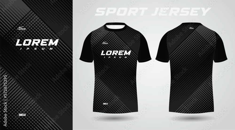 black soccer jersey or football jersey template design for sportswear. Football t-shirt mockup - obrazy, fototapety, plakaty 