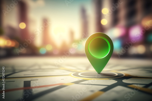 Travel and technologogy concept. Gps icon on bokeh city skyline abstract background. Generative ai