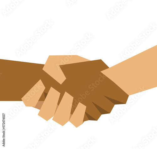 Handshake of Caucasian and Black persons vector illustration. Cartoon drawing of people of different nationalities shaking hands on white background. Diversity, equality, community concept