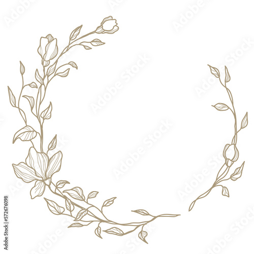 Elegant circle floral frame. Hand drawn logo template in line art with flowers. Vintage botanical wreath. Illustration for labels, branding business identity, wedding invitation