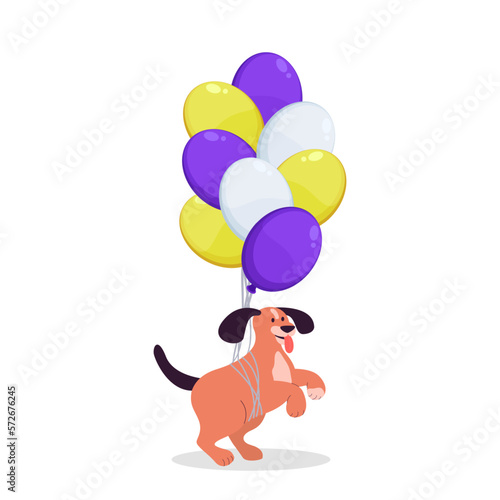 Cute puppy flying with balloons flat vector illustration. Drawing of dog with white, yellow and purple helium balloons on white background. Pets or domestic animals, celebration, decoration concept