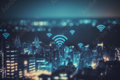 Internet conection and technology concept. Wifi icon over city skyline bokeh abstact background. Generative ai