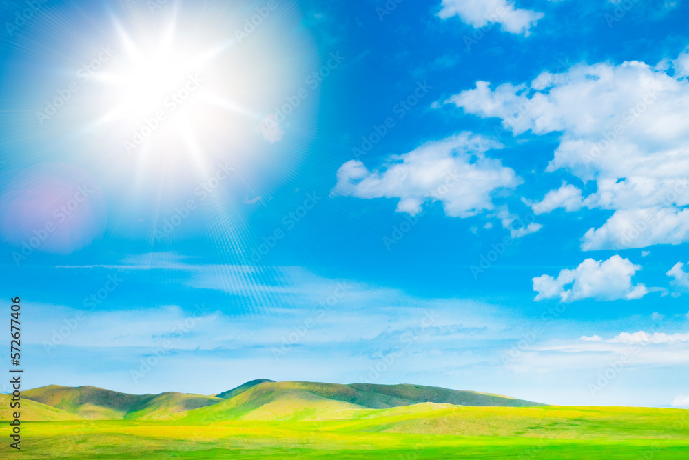 Obraz premium 青空と太陽と草原