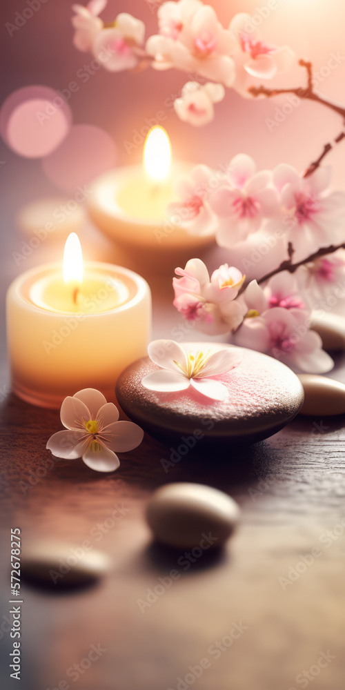 Concept Feng Shui. Zen spa relaxation. Ambiance salon de beauté et de massage. Bannière avec fleurs de cerisier sakura, bougies et pierres empilées. Atmosphère calme et reposante. Generative AI Concept Feng Shui. Zen spa relaxation. Ambiance salon de beauté et de massage. Bannière avec fleurs de cerisier sakura, bougies et pierres empilées. Atmosphère calme et reposante. Generative AI
