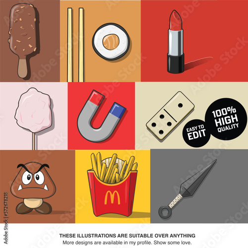 9 set of cute illustrations. Ice cream, egg, lipstick, fluppy, magnet, dice, mushroom, cartoon, french fries, spear, cartoon vector for t shirt or accessories. photo