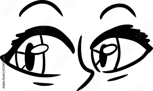 Vector drawing of human eyes with noses and eyebrows.Emotional, emoticon.Outline, silhouette, black and white, isolated.Cartoon style, flat,doodle.Smirk, eyebrows raised,big eyelashes.Interest,joyful.