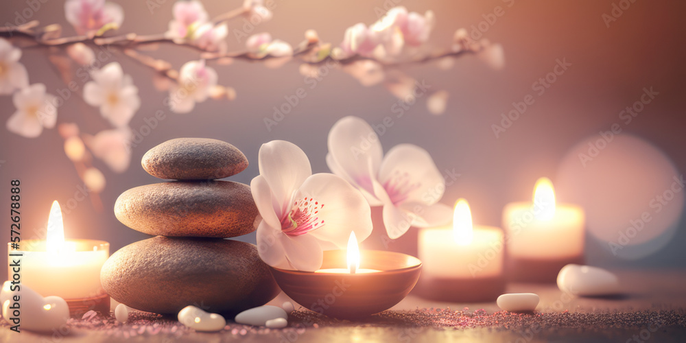 Concept Feng Shui. Zen spa relaxation. Ambiance salon de beauté et de massage. Bannière avec fleurs de cerisier sakura, bougies et pierres empilées. Atmosphère calme et reposante. Generative AI