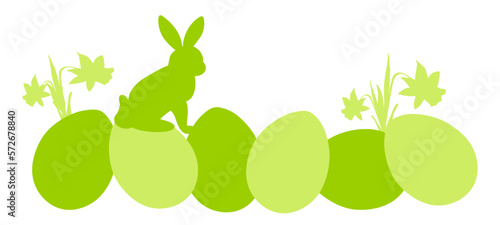 Happy easter holiday background banner panorama vector illustration for logo or greeting card - Green silhouette of Easter bunny, easter eggs and daffodils with text, isolated on white background