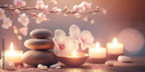 Obraz na płótnie Concept Feng Shui. Zen spa relaxation. Ambiance salon de beauté et de massage. Bannière avec fleurs de cerisier sakura, bougies et pierres empilées. Atmosphère calme et reposante. Generative AI w salonie
