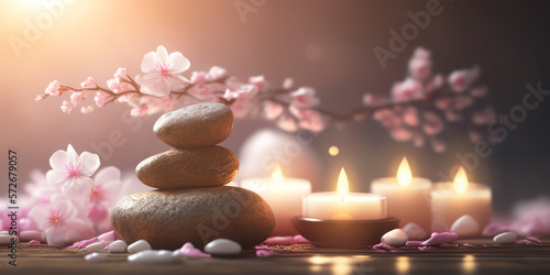 Concept Feng Shui. Zen spa relaxation. Ambiance salon de beauté et de massage. Bannière avec fleurs de cerisier sakura, bougies et pierres empilées. Atmosphère calme et reposante. Generative AI