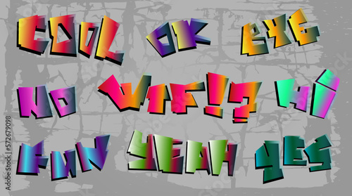 Set graffiti, doodle, new style lettering. Bright multicolored trendy vector inscriptions yes, no, ok, fun, hi, bye, cool, yeah, wtf. All words isolated on concrete texture background.