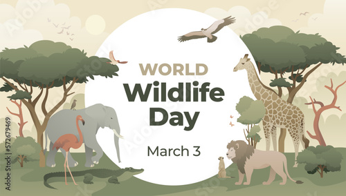 World Wildlife Day concept with animals in the forest. Modern flat vector illustration. Web banner template.