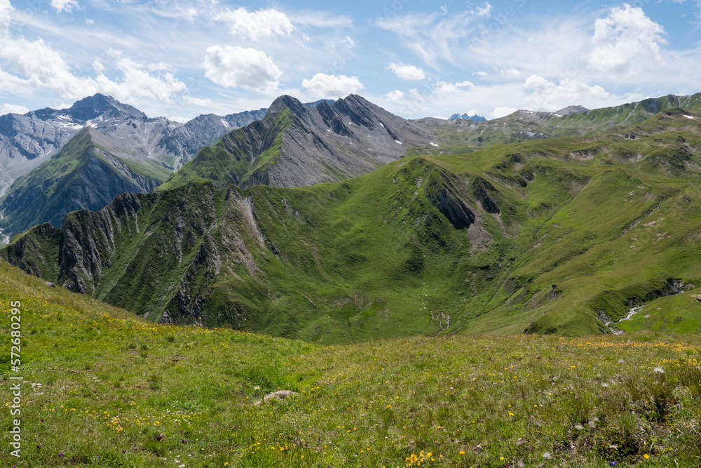 Fototapeta premium View of the highest peaks at Samnaun, Switzerland . The photo was taken from the Alp Trida Sattel in Austria.