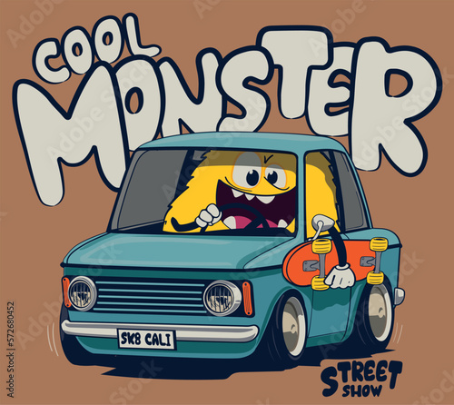 vector cartoon monster racer . racing car drawing