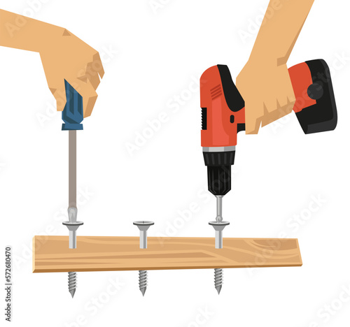 Coworkers doing carpentry work together vector illustration. Hands using drill machine and screwdriver on wooden plank isolated on white background. Teamwork, manual work, collaboration concept