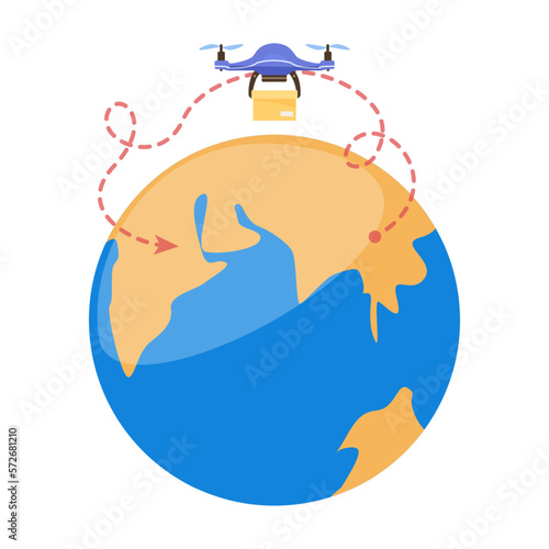 Long distance delivery by drone vector illustration. Drone carrying box above planet to another part of world isolated on white background. Delivery, shipping, modern technology concept