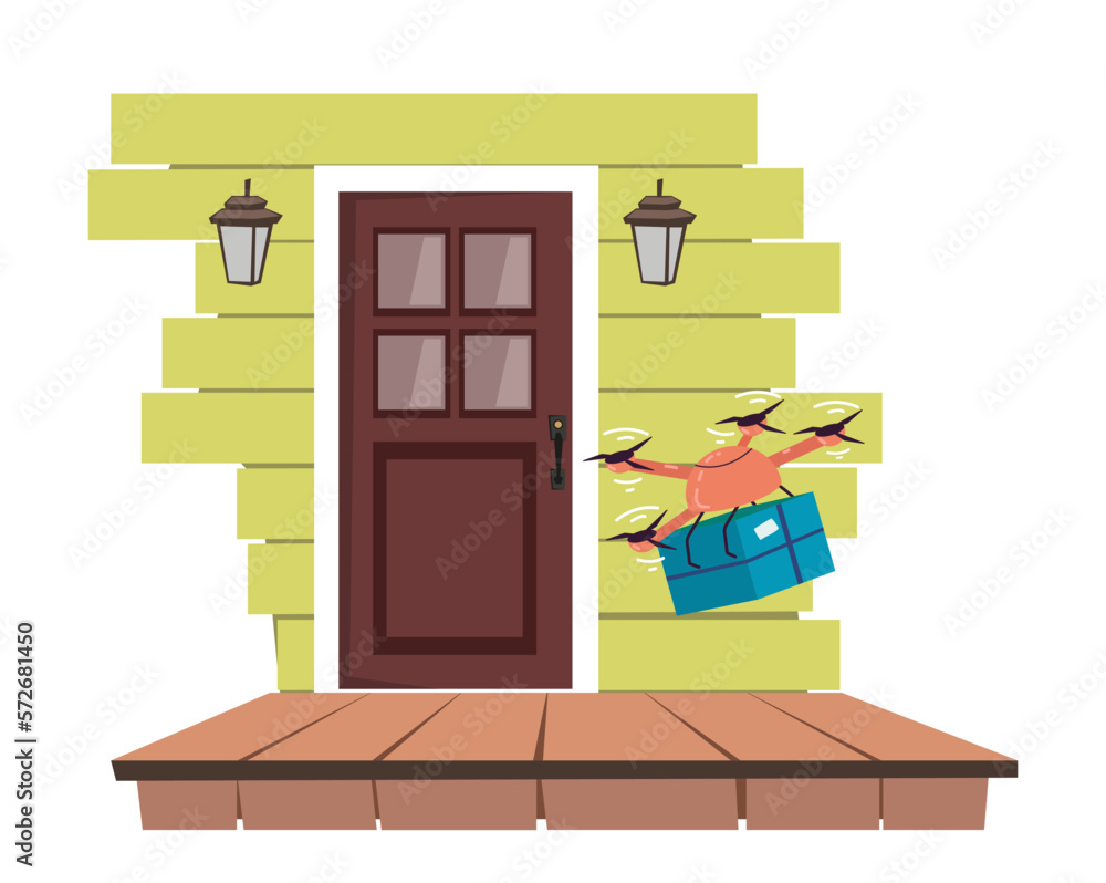 Drone delivering package to door step vector illustration. Cartoon drawing of quadcopter carrying parcel on white background. Technology, delivery, innovation, transportation concept Drone delivering package to door step vector illustration. Cartoon drawing of quadcopter carrying parcel on white background. Technology, delivery, innovation, transportation concept