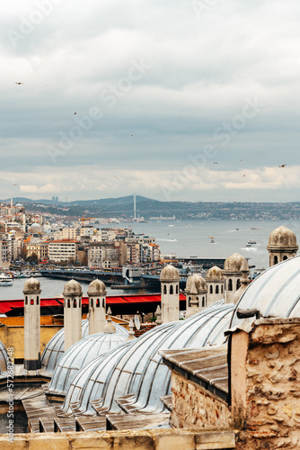 Domes of the Suleymaniye Mosque in Istanbul and panoramic view of the city