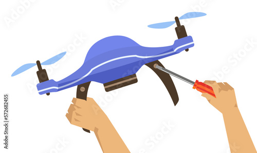 Mechanic fixing broken drone vector illustration. Cartoon hands with screwdriver working on blue robot isolated on white background. Delivery, shipping, modern technology concept
