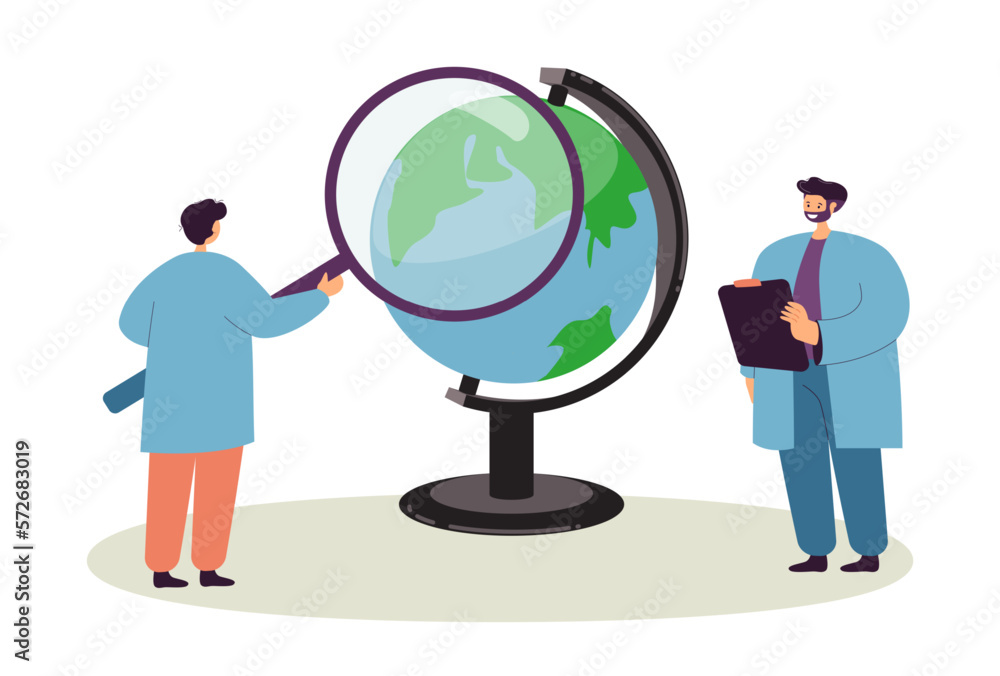 Man studying world globe with magnifier vector illustration. Teacher quizzing student on geography isolated on white background. Science, education, school, knowledge concept Man studying world globe with magnifier vector illustration. Teacher quizzing student on geography isolated on white background. Science, education, school, knowledge concept