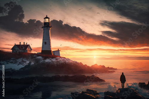 lighthouse at sunset.Generative Ai