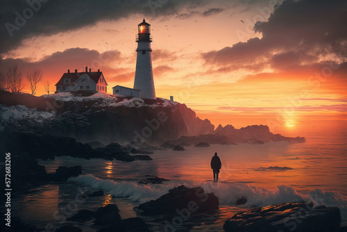 lighthouse at sunset.Generative Ai