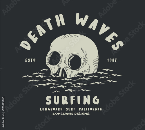 Palm tree island print design for t shirt print, poster, sticker, background and other uses. Beach vibes with surfing board vintage print design.