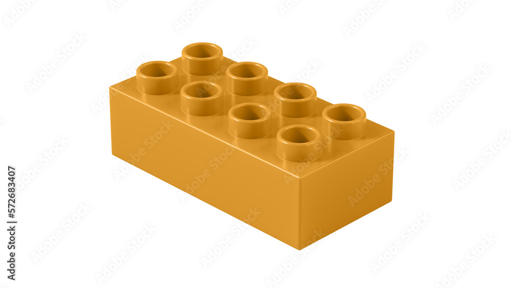 Fototapeta premium Golden Orange Plastic Bricks Block Isolated on a White Background. Children Toy Brick, Perspective View. Close Up View of a Game Block for Constructors. 3D illustration. 8K Ultra HD, 7680x4320, 300 dpi