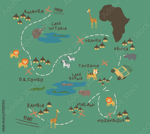 Africa safari tour map and vector animal illustrtaion