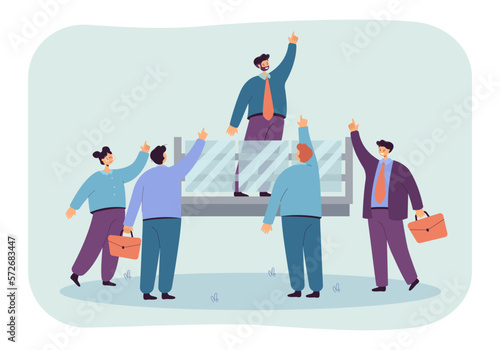 Team leader and workers pointing up vector illustration. Cartoon boss standing on elevator or platform and team supporting him on blue background. Leadership, business, goal, promotion concept