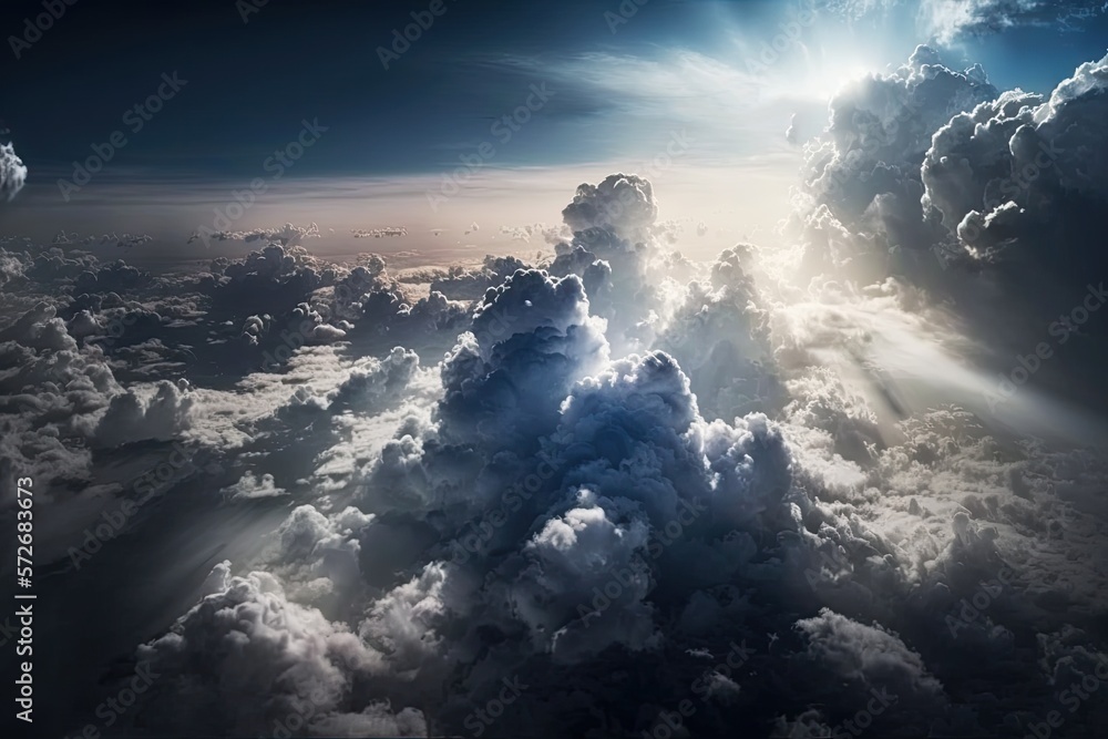 Naklejka premium Stormy art sky with dramatic clouds from an approaching thunderstorm at sunset.Generated AI