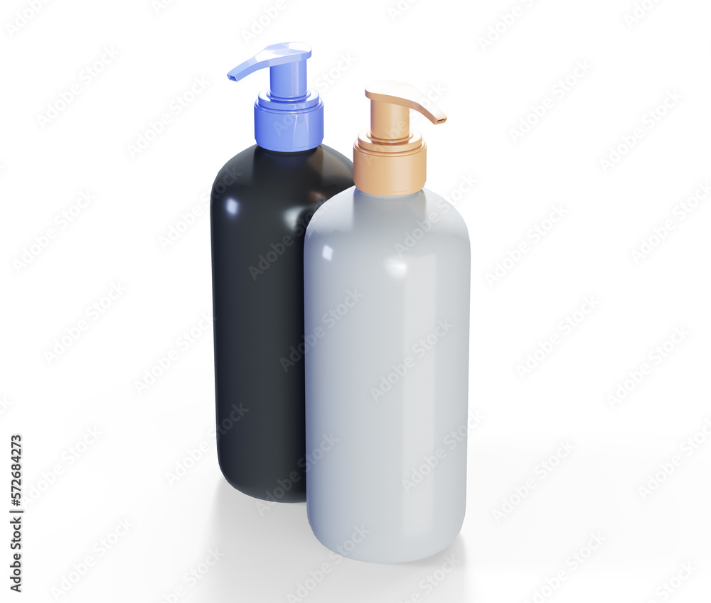 Set of two care product bottles 3D render mockup, beige plastic lotion dispenser and shampoo bottle isolated on white background, cosmetic packaging design ready template Set of two care product bottles 3D render mockup, beige plastic lotion dispenser and shampoo bottle isolated on white background, cosmetic packaging design ready template