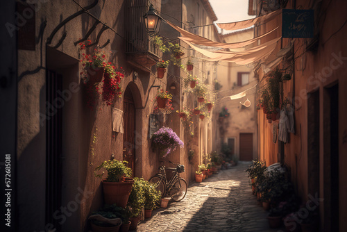 narrow street in the old town with old buildings.Generative Ai