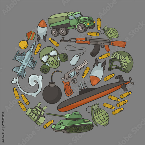 Circular pattern with military equipment vector illustration. Drawings of transport, bombs, bullets, firearm, helmet, gasmask, bulletproof vest on grey background. War, conflict, military concept