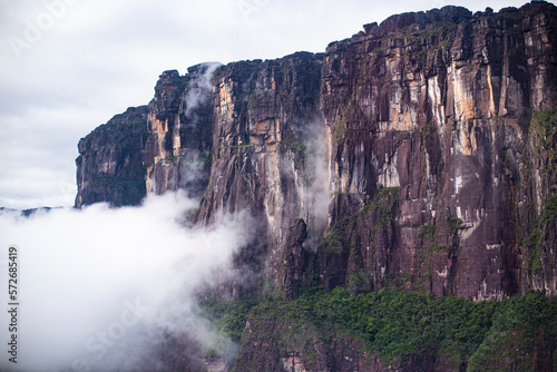 Auyan-Tepui national park Canaima  clouds against the mountain wall