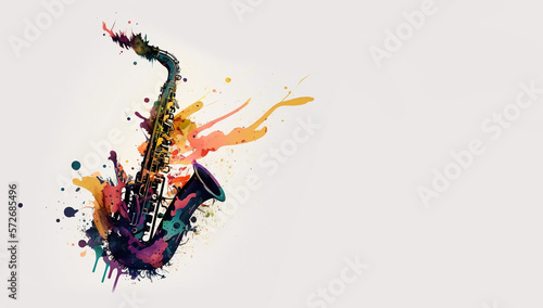 Saxophone. colorful paint splash illustration isolated on white background. Banner. copy space. Generative AI