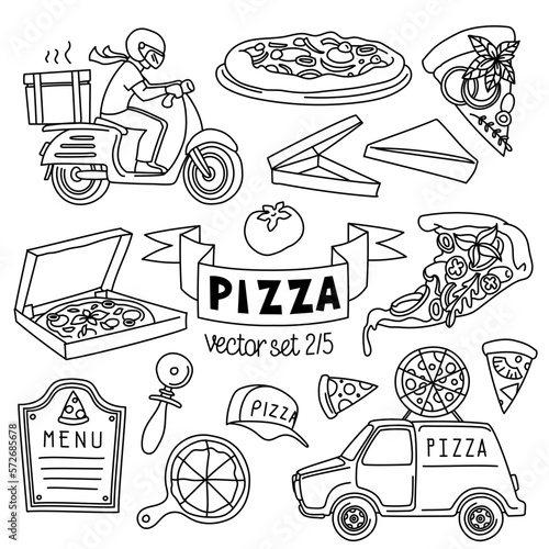 Pizza vectors drawings set. Pizza types, slices and cooking ingredients for pizzeria menu and pizza delivery. Vector illustration. Outline stroke is not expanded, stroke weight is editable