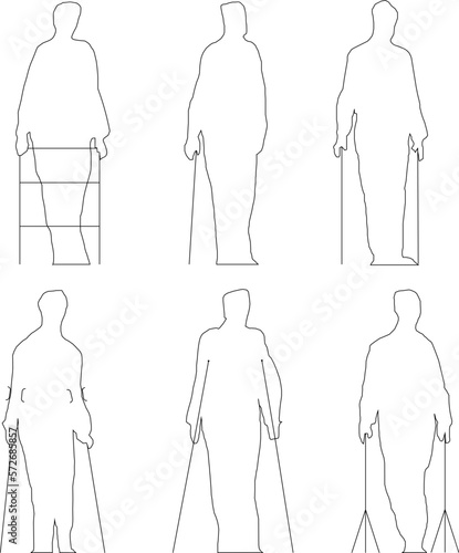 Sketch vector illustration of a disabled person's silhouette with a walker