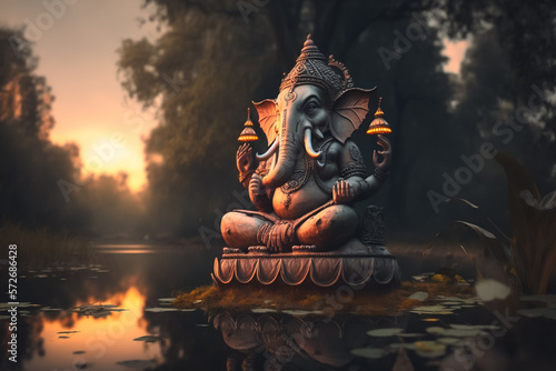 Adorable Hindu God Ganesh meditates in the sunset. Generative AI © Brijesh