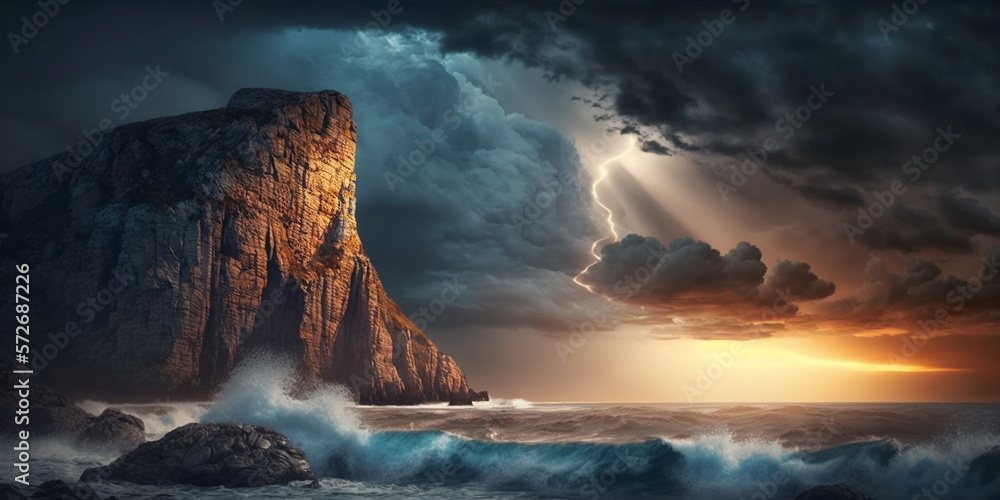   storm  on  sea at sunset lightening wild nature dramatic cloudy sky sun beam tree on  rock and ocean water wave dramatic nature generated ai