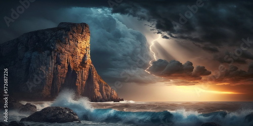  storm on sea at sunset lightening wild nature dramatic cloudy sky sun beam tree on rock and ocean water wave dramatic nature generated ai