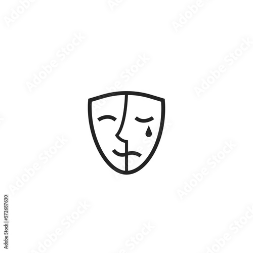 Theatrical mask icon - half laughing, half crying. 
Black and white traditional comedy and tragedy mask logo. Masquerade happy and unhappy guise. Vector illustration isolated on white background.