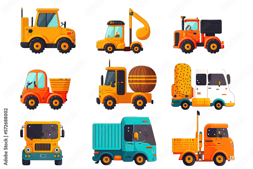 Set of funny cartoon truck for kids. Generative ai illustration