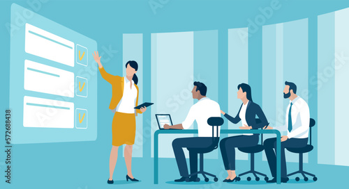 Education, presentation meeting. The business team listens to the teacher, female leader. Vector illustration. 