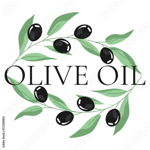 Vector set of olive oil labels. Olive tree, branches and drop. Black olives. Green olives.	