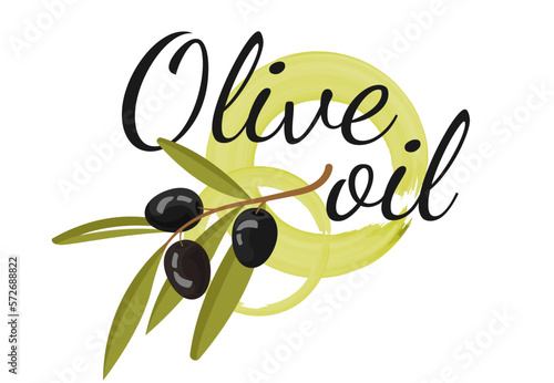 Vector set of olive oil labels. Olive tree, branches and drop. Black olives. Green olives.	
